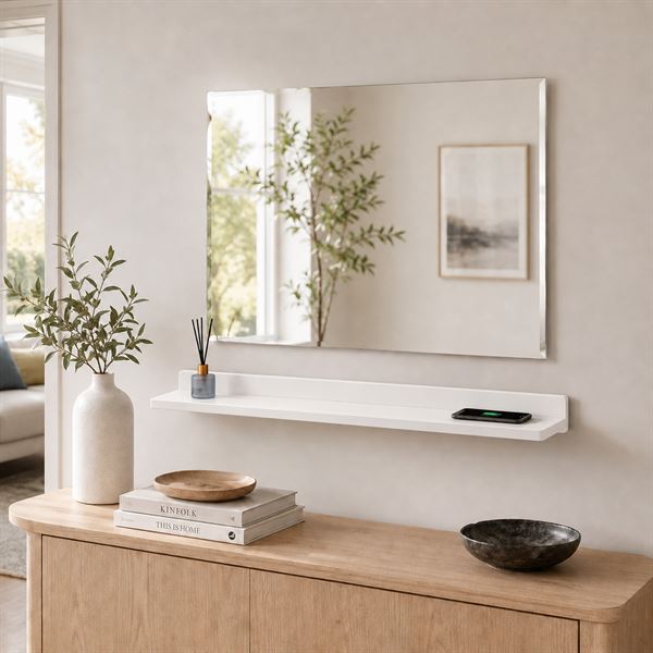35" White Wireless Charging Shelf and Frameless Mirror Set