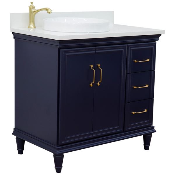 37" Single vanity in Blue finish with White quartz and round sink- Left door/Left sink 