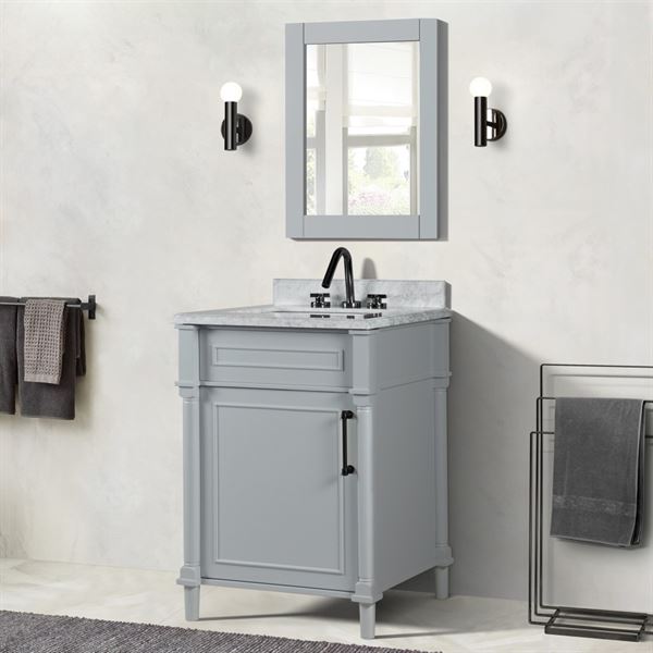 Napa 24 in. Single Vanity in Light Gray with White Carrara Marble Top with Black Hardware