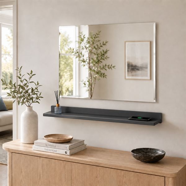 35" Dark Gray Wireless Charging Shelf and Frameless Mirror Set