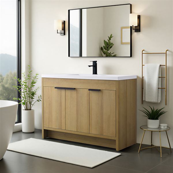 48 in. Single Vanity in Natural Oak finish with Solid Surface Resin White Sink