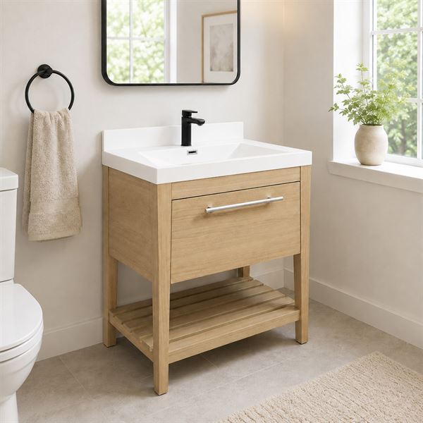 31.5" Single Sink Vanity In Neutral Finish with White Composite Granite Top