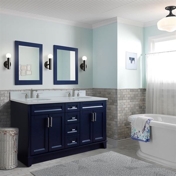 61″ Double Sink Vanity in Blue Finish and White Quartz and Oval Sink
