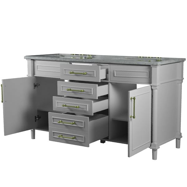 Napa 60 in. Double Vanity in Light Gray with White Carrara Marble Top with Gold Hardware