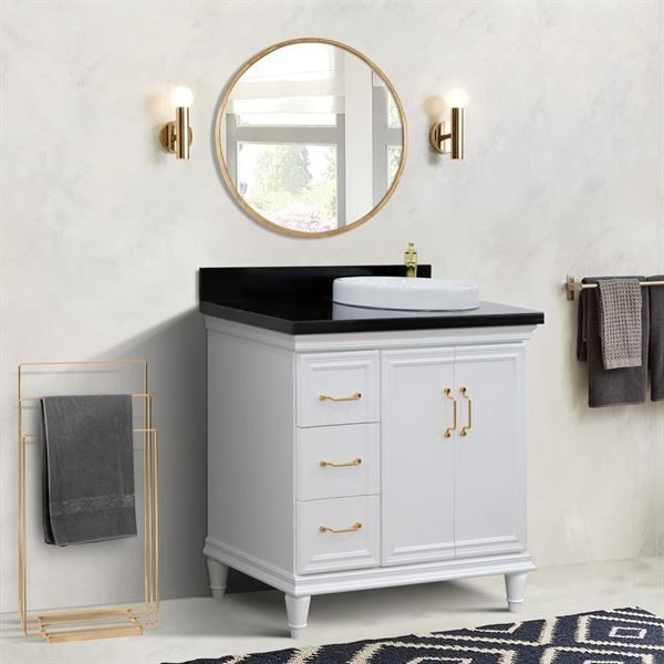 37" Single vanity in White finish with Black galaxy and round sink- Right door/Right sink