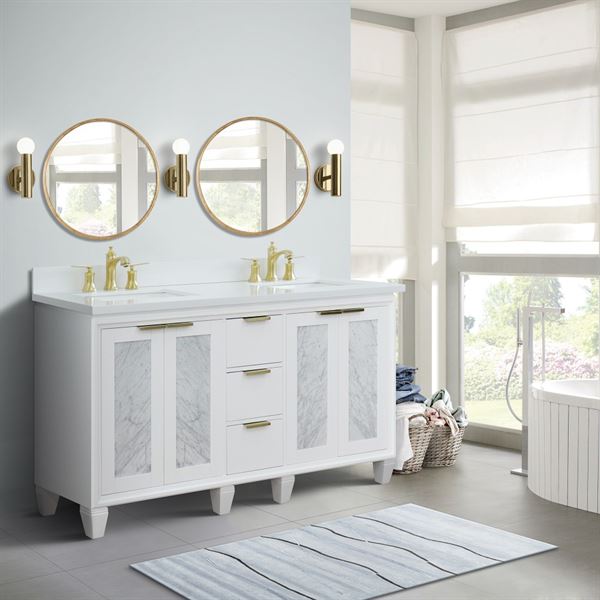 61″ Double Sink Vanity in White Finish with White Quartz and Rectangle Sink