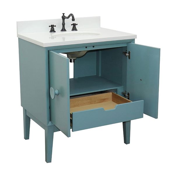 31" Single Vanity in Aqua Blue Finish With White Quartz Top and Oval Sink