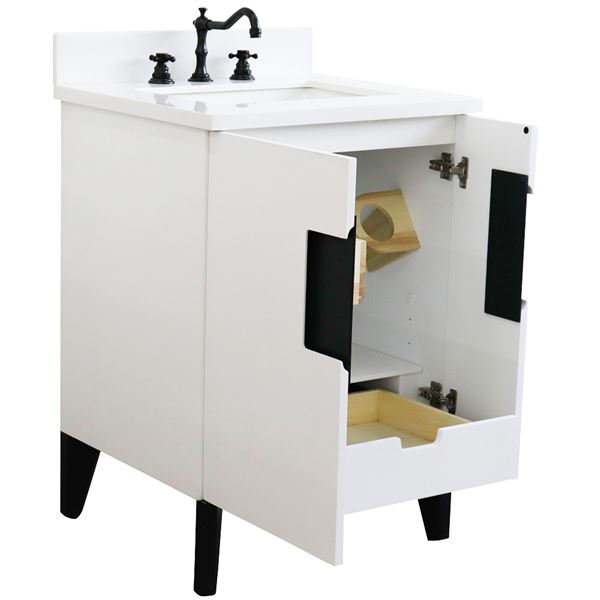 25" Single Sink Vanity in White Finish With White Quartz and Rectangle Sink