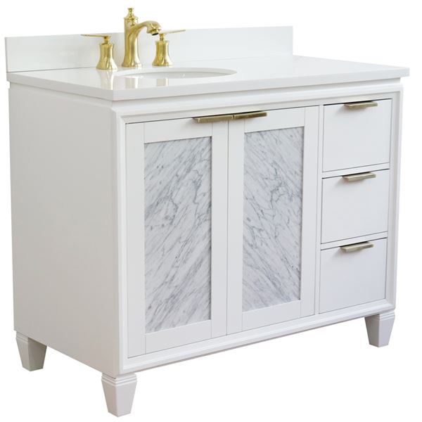 43" Single Vanity in White Finish With White Quartz and Oval Sink- Left Door/Left Sink