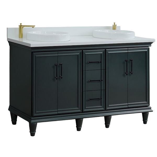 61" Double Sink Vanity in Dark Gray Finish and White Engineered Stone and Round Sink