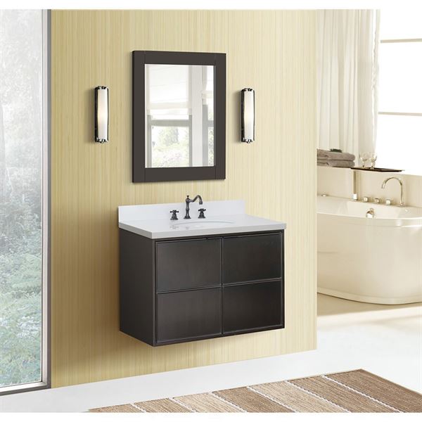 37″ Single Wall Mount Vanity in Cappuccino Finish with White Quartz Top and Oval Sink