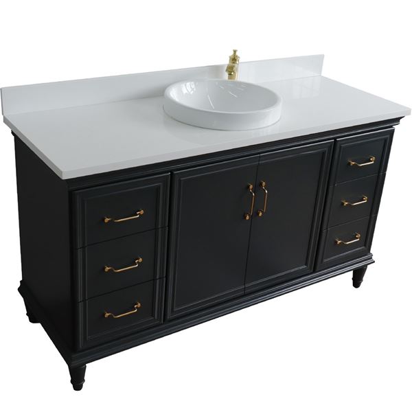 61" Single sink vanity in Dark Gray finish and White quartz and round sink