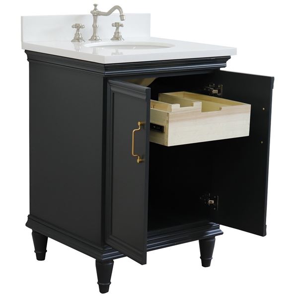 25" Single vanity in Dark Gray finish with White quartz and oval sink
