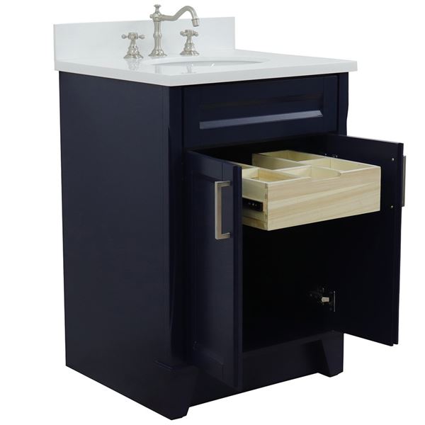25" Single Sink Vanity in Blue Finish With White Quartz and Oval Sink