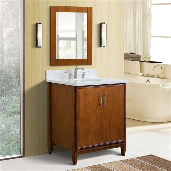 31" Single Sink Vanity in Walnut Finish With White Quartz With Oval Sink