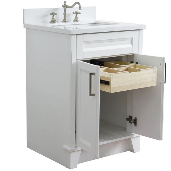 25" Single Sink Vanity in White Finish With White Quartz and Rectangle Sink