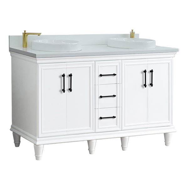 61" Double Sink Vanity in White Finish with White Engineered Stone Top, Round Sinks