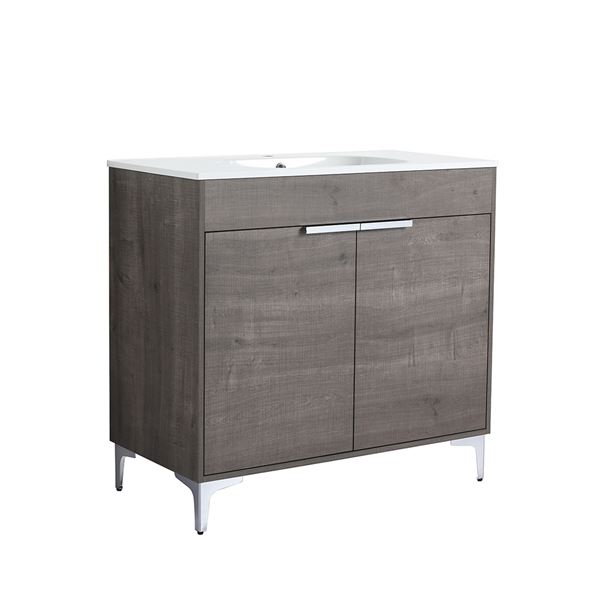 36 in. Single Vanity in Gray Oak finish with Solid Surface Resin White Sink