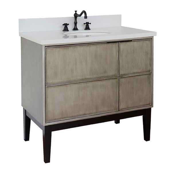 37" Single Vanity in Linen Brown Finish With White Quartz Top and Oval Sink