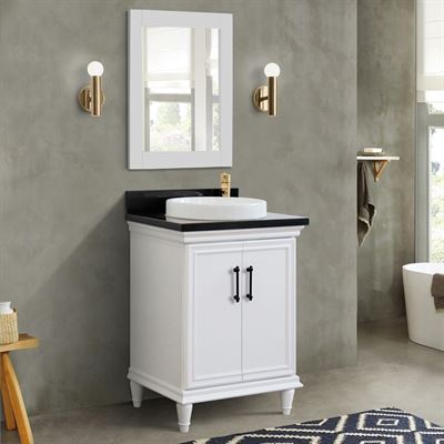 25" Single Vanity in White Finish with Black Galaxy and Round Sink