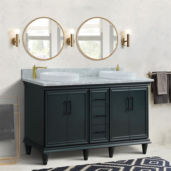 61″ Double Sink Vanity in Dark Gray Finish and White Carrara Marble and Round Sink