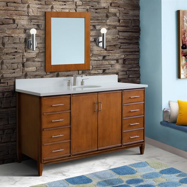 61″ Single Sink Vanity in Walnut Finish with White Quartz and Oval Sink