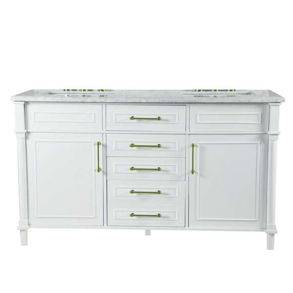 Napa 60 in. Double Vanity in White with White Carrara Marble Top with Gold Hardware