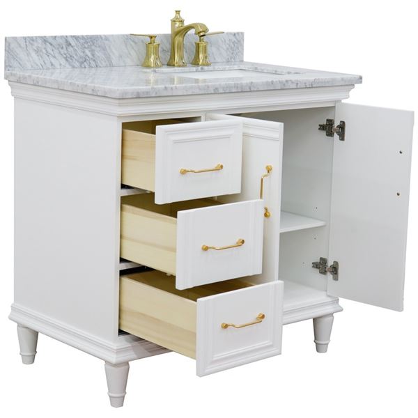 37" Single vanity in White finish with White Carrara and rectangle sink- Right door/Right sink