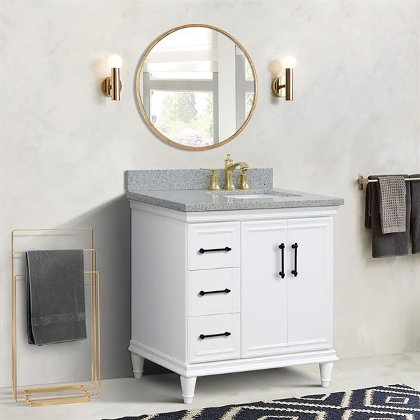 37" Single Vanity in White Finish with Gray Granite and Rectangle Sink- Right Door/Right Sink