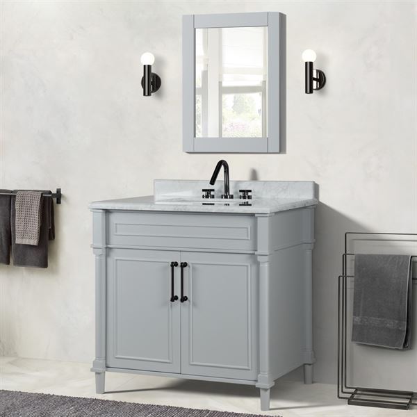 Napa 36 in. Single Vanity in Light Gray with White Carrara Marble Top with Black Hardware