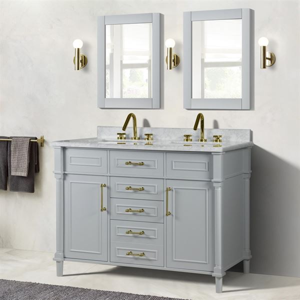 Napa 48 in. Double Vanity in Light Gray with White Carrara Marble Top with Gold Hardware