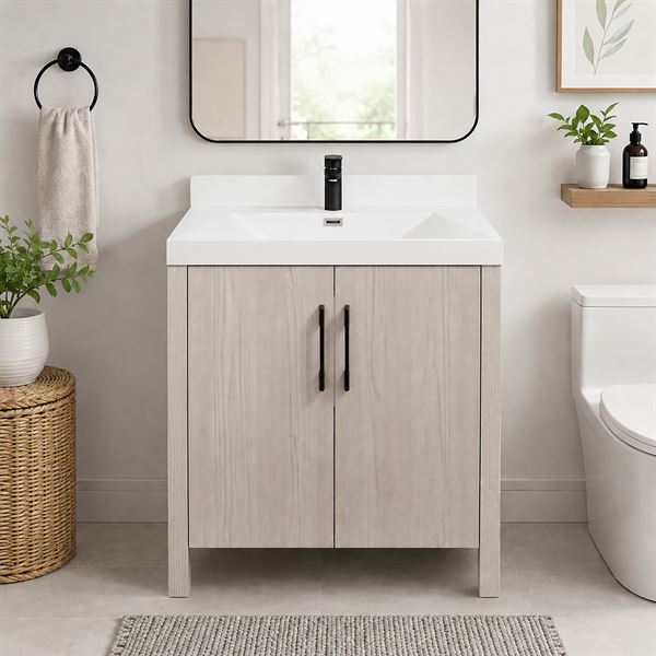 31.5" Single Sink Vanity In Light Gray Finish with White Composite Granite Top