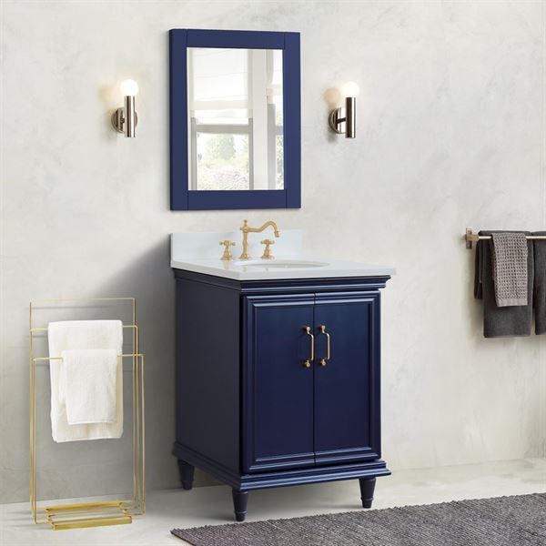 25″ Single Vanity in Blue Finish with White Quartz and Oval Sink
