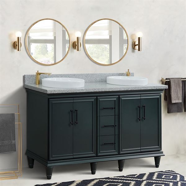 61″ Double Sink Vanity in Dark Gray Finish and Gray Granite and Round Sink