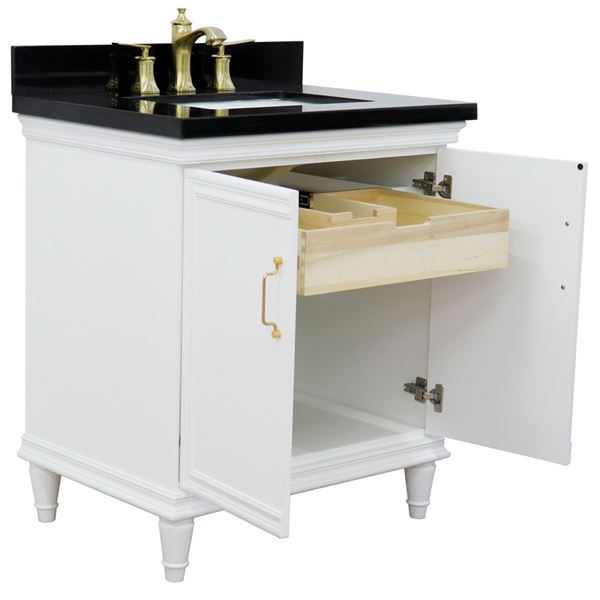 31" Single vanity in White finish with Black galaxy and rectangle sink