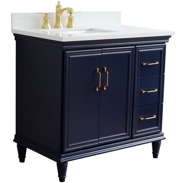 37" Single vanity in Blue finish with White quartz and rectangle sink- Left door/Left sink