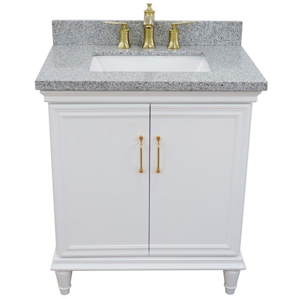 31" Single vanity in White finish with Gray granite and rectangle sink