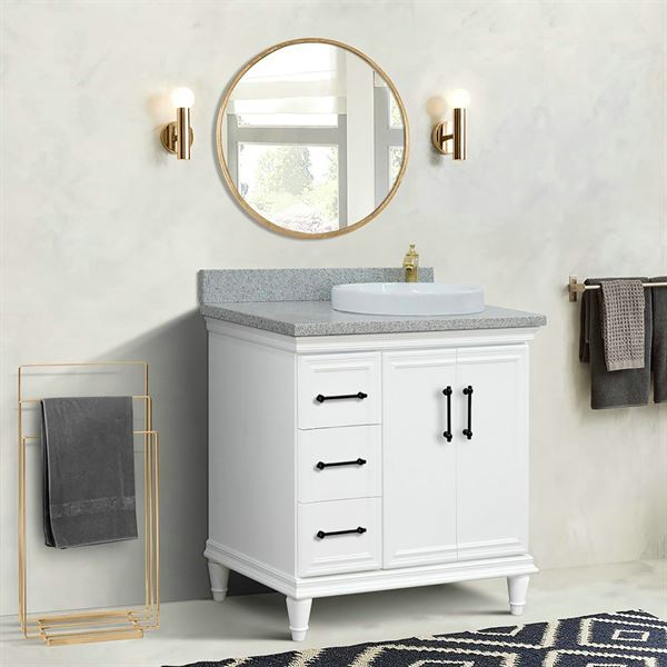 37" Single Vanity in White Finish with Gray Granite and Round Sink- Right Door/Right Sink