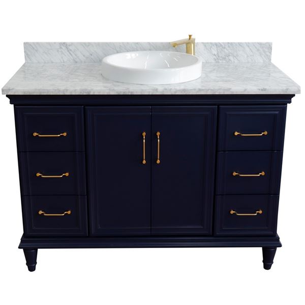 49" Single sink vanity in Blue finish with White carrara marble and round sink
