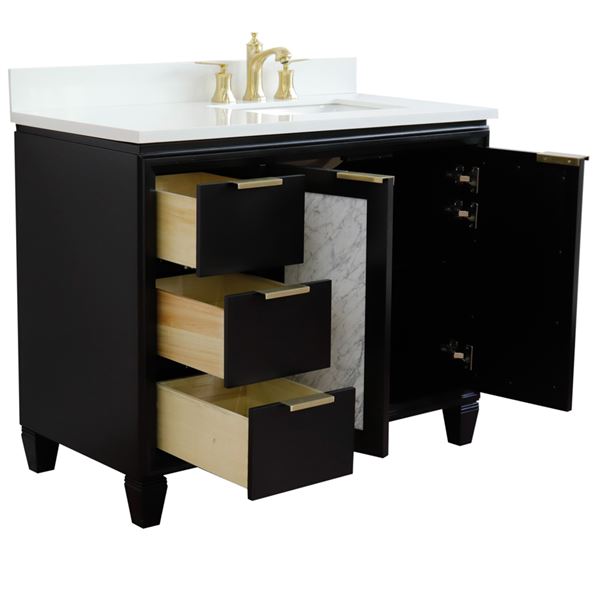 43" Single Vanity in Black Finish With White Quartz and Rectangle Sink- Right Door/Right Sink