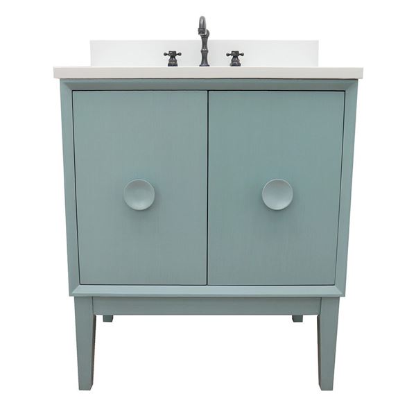 31" Single Vanity in Aqua Blue Finish With White Quartz Top and Rectangle Sink