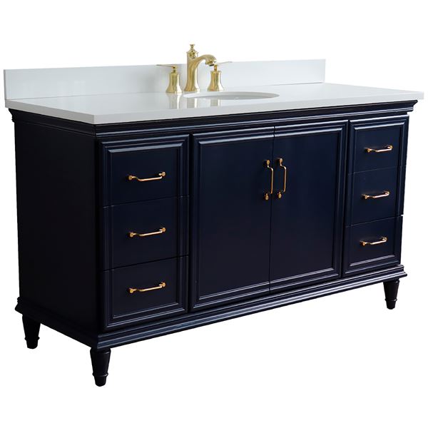 61" Single Sink Vanity in Blue Finish and White Quartz and Oval Sink