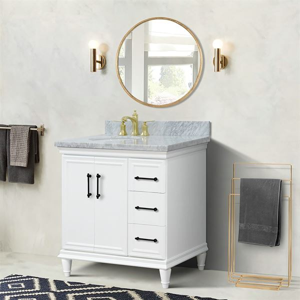 37″ Single Vanity in White Finish with White Carrara and Oval Sink- Left Door/Left Sink
