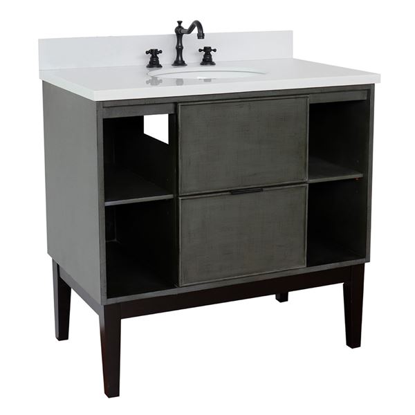 37" Single Vanity in Linen Gray Finish With White Quartz Top and Oval Sink