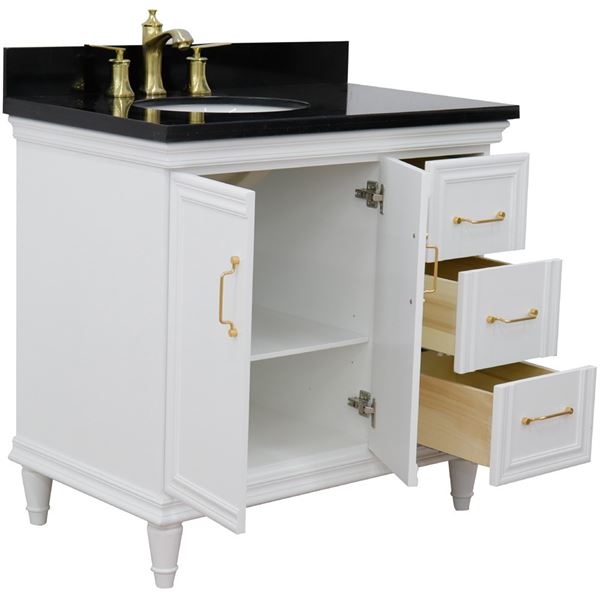 37" Single vanity in White finish with Black galaxy and oval sink- Left door/Left sink