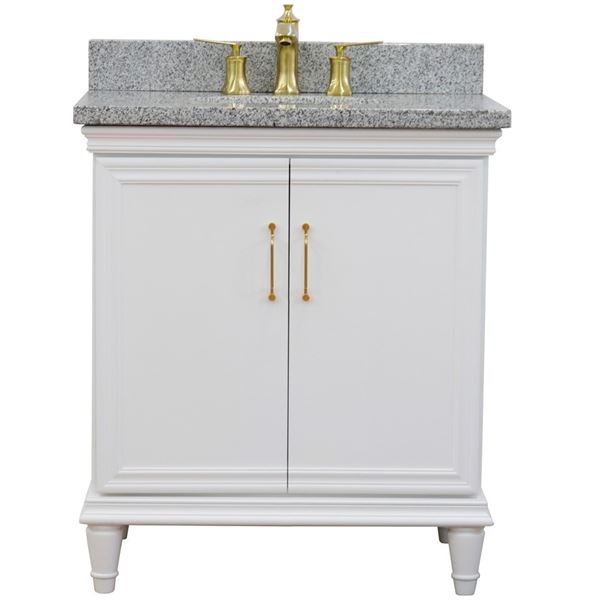 31" Single vanity in White finish with Gray granite and oval sink