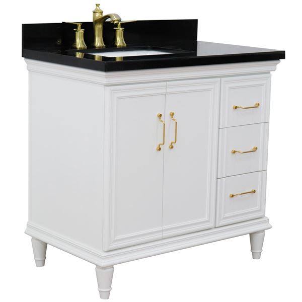 37" Single vanity in White finish with Black galaxy and rectangle sink- Left door/Left sink
