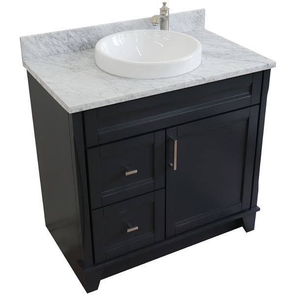 37 in. Single Vanity in Dark Gray Finish with White Carrara and Round Sink- Right Door/Center Sink