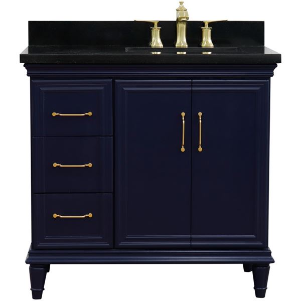 37" Single vanity in Blue finish with Black galaxy and rectangle sink- Right door/Right sink