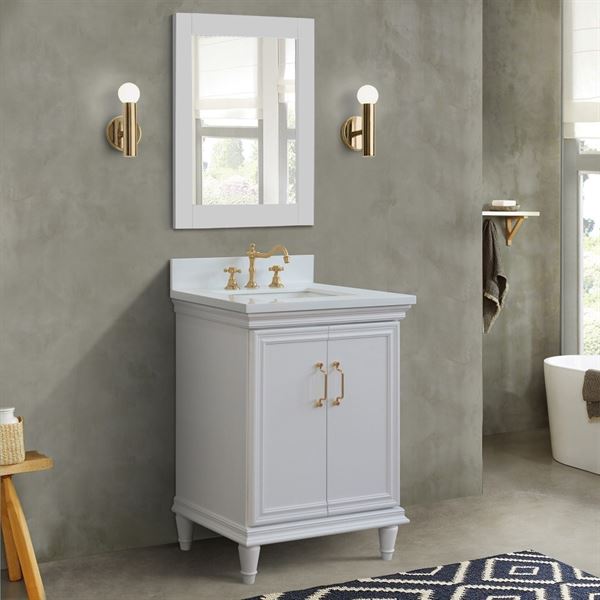 25″ Single Vanity in White Finish with White Quartz and Rectangle Sink